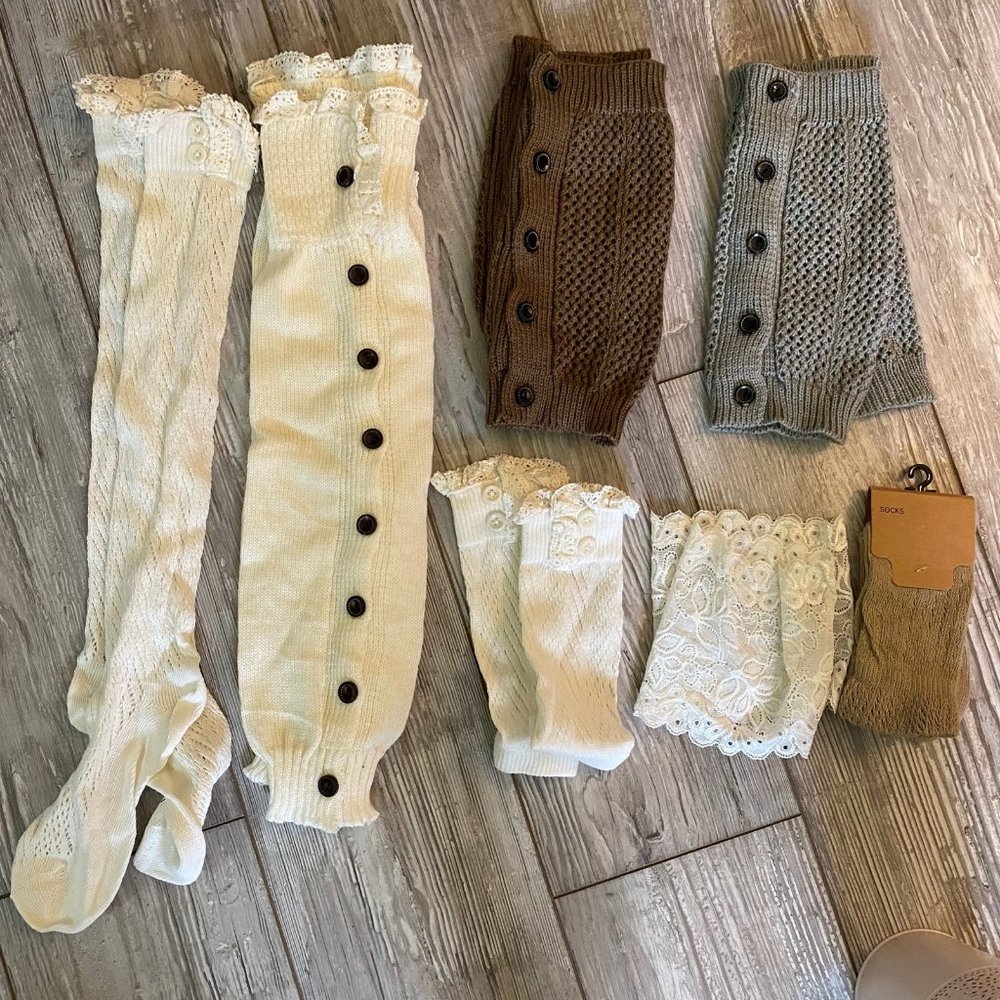 New Lot of Boot Cuffs and Socks Lace Knitted Cream White Brown Gray